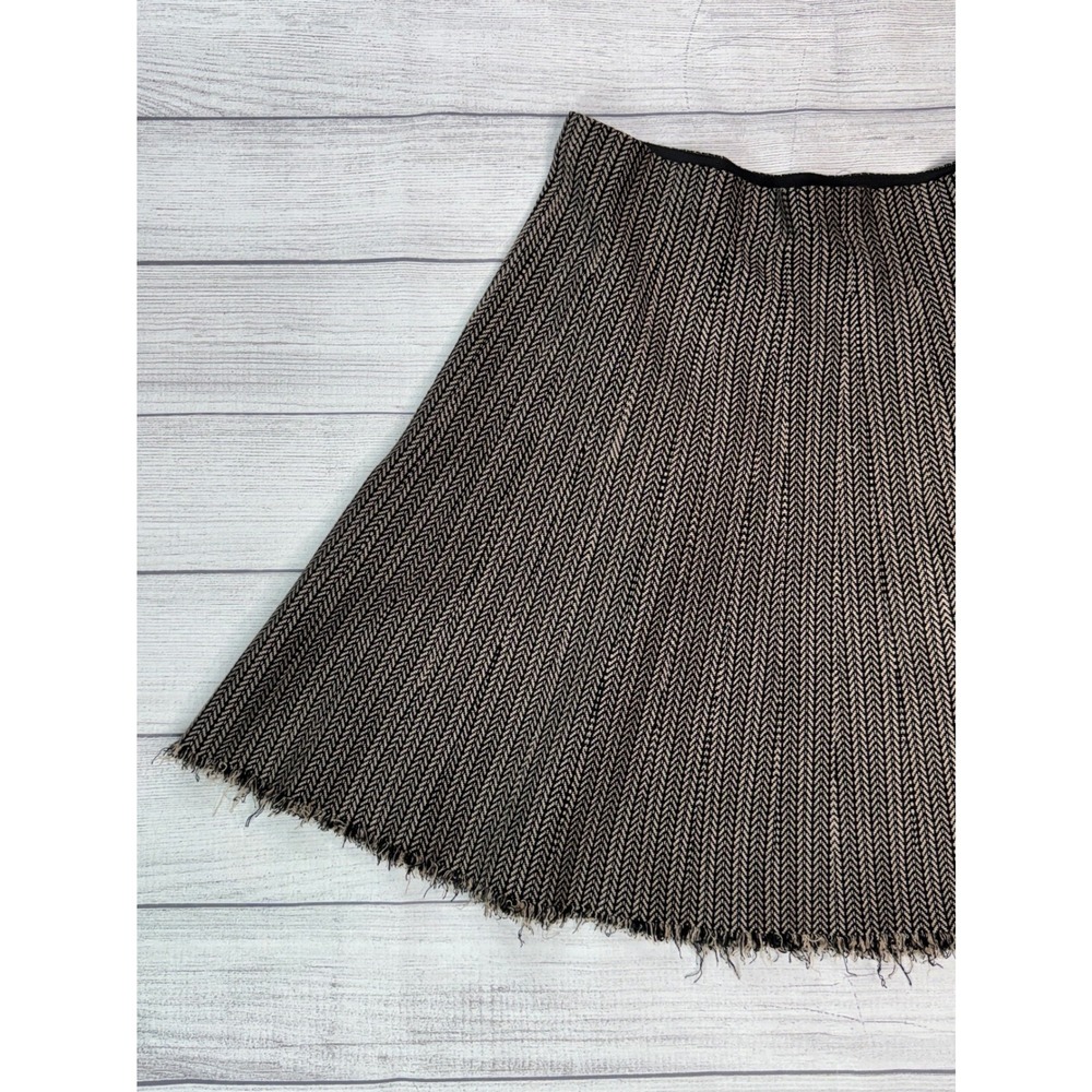 Vila Milano XL Black Tan Chevron Herringbone Knit A-Line Skirt Raw Fringe Hem - Picture 4 of 10